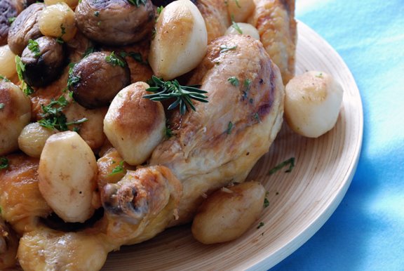 Poulet en Cocotte Grand-Mère (Braised Chicken Casserole with Bacon, Mushrooms, Potatoes, and Onions)