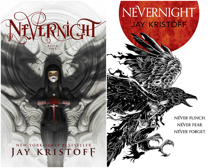 American and UK versions of the book cover for Nevernight by Jay Kristoff