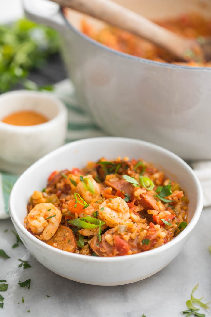 Healthy Jambalaya (Whole30, Low Carb, Paleo) - This healthy jambalaya recipe is a Whole30, paleo, low carb take on authentic Cajun food. , Easy, pretty quick, & even keto friendly, with sausage & shrimp.