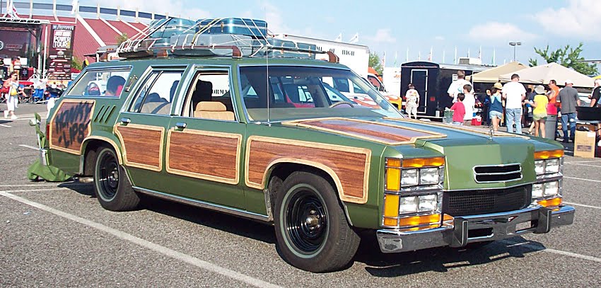  inside the modified green 1985 Ford LTD Country Squire station wagon