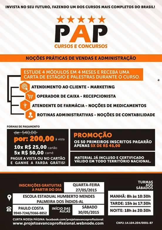 PAP CURSOS E CONCURSOS CHEGA A BOM CONSELHO E PALMEIRA DOS ÍNDIOS