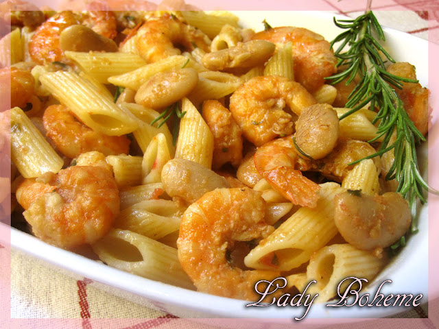 hiperica di lady boheme blog di cucina, ricette facili e veloci. Ricetta mezze penne con mazzancolle e fagioli di Spagna