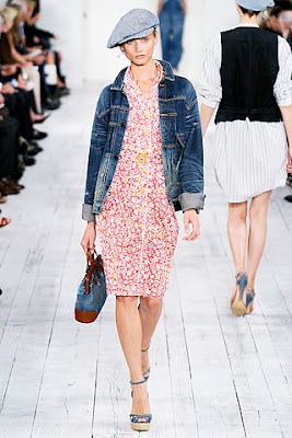 denim jacket and denim news boy cap worn over paisley print dress from Ralph Lauren's spring summer collection