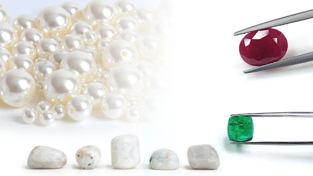 polished loose cancer birthstones (ruby, moonstone, emerald, pearl)