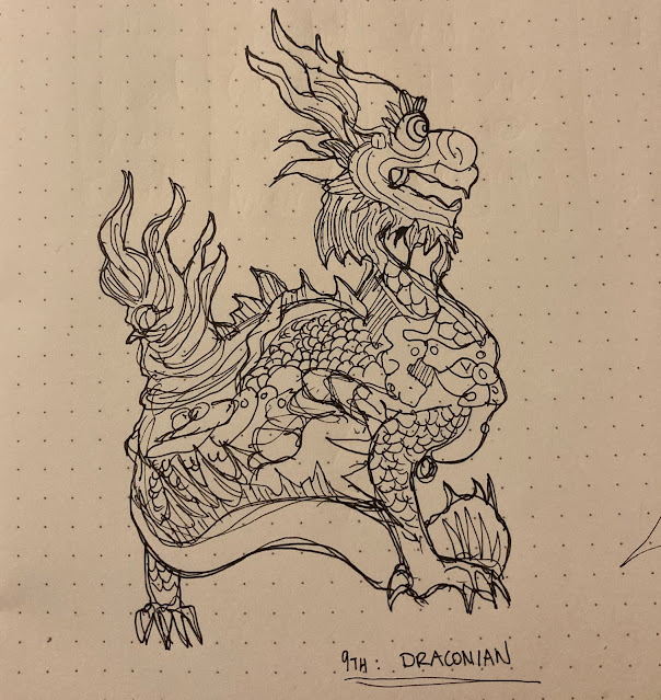 A bad drawing of a dragon- sepcifically, a dragon statue at the citadel in Hue, central Vietnam