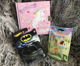 batman hotwheel car, sylvaian families blind bag and unicorn diary