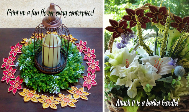 See Annie Lang's painted wooden flower swag centerpiece and basket handle finished projects.