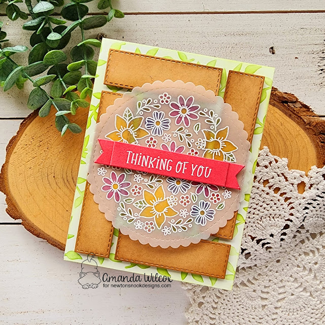 Thinking of You Card by Amanda Wilcox | Floral Roundabout Stamp Set, Circle Frames Die Set, A2 Card Layout Die Set, Banner Trio Die Set and Trailing Leaves Stencil by Newton's Nook Designs #newtonsnook #handmade