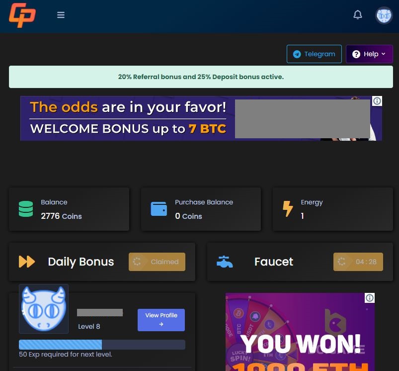 Main page in CoinPayz