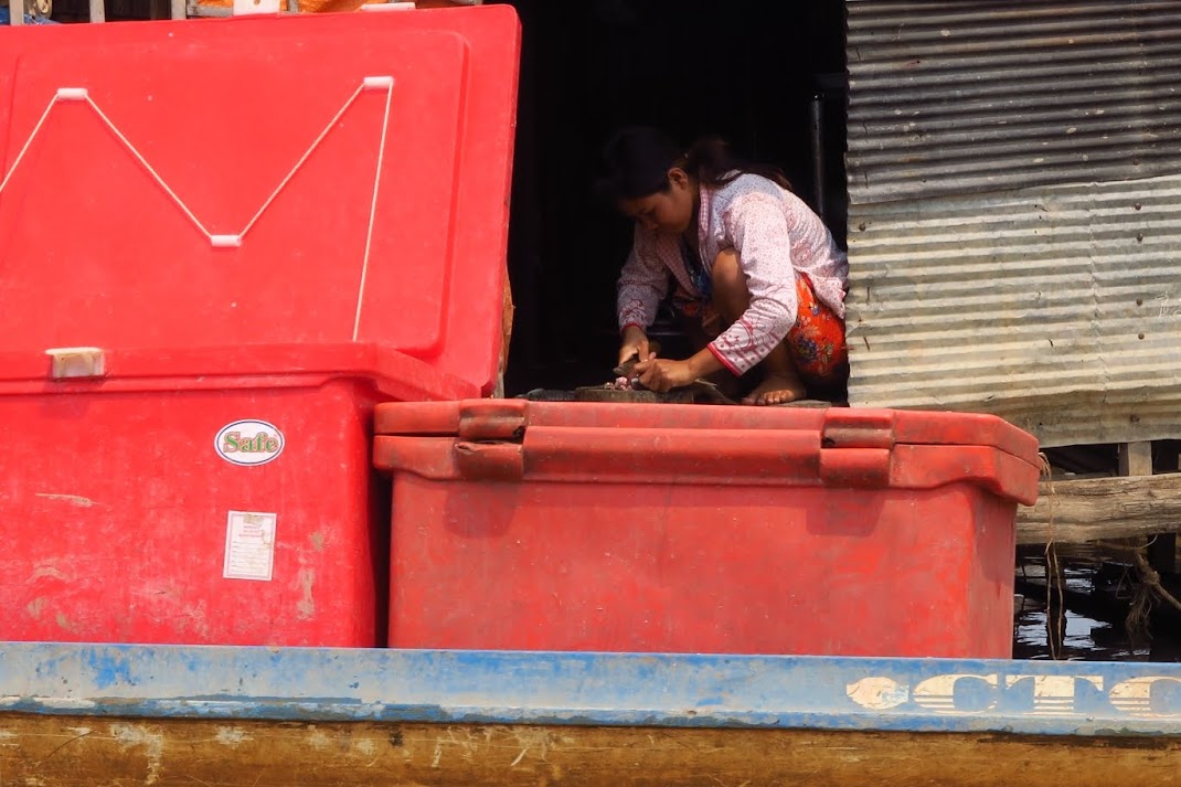 Woman cleaning a fish on a boat. 