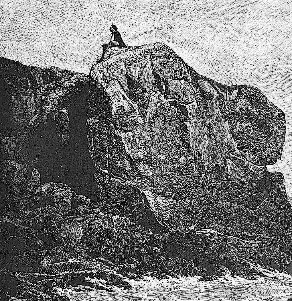 a 1900 photo engraving of a man sitting on a large rock