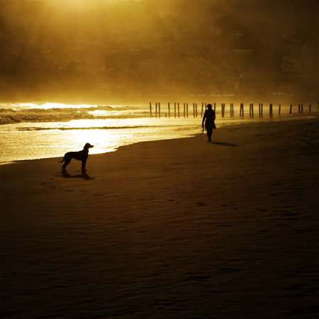 people walking on beach. 2 people walking on each.