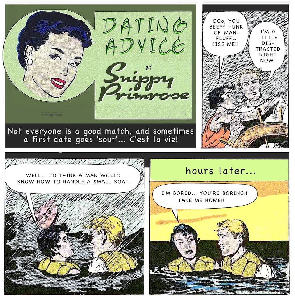 a romance comic book parody, re-witten comic books, first date story,