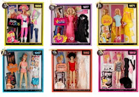 1986's barbie and the rockers, 1977's superstar barbie, 1971's malibu barbie, 1967's twist 'n' turn barbie, 1962's brunette bubble cut barbie, 1959's original black and white bathing suit barbie