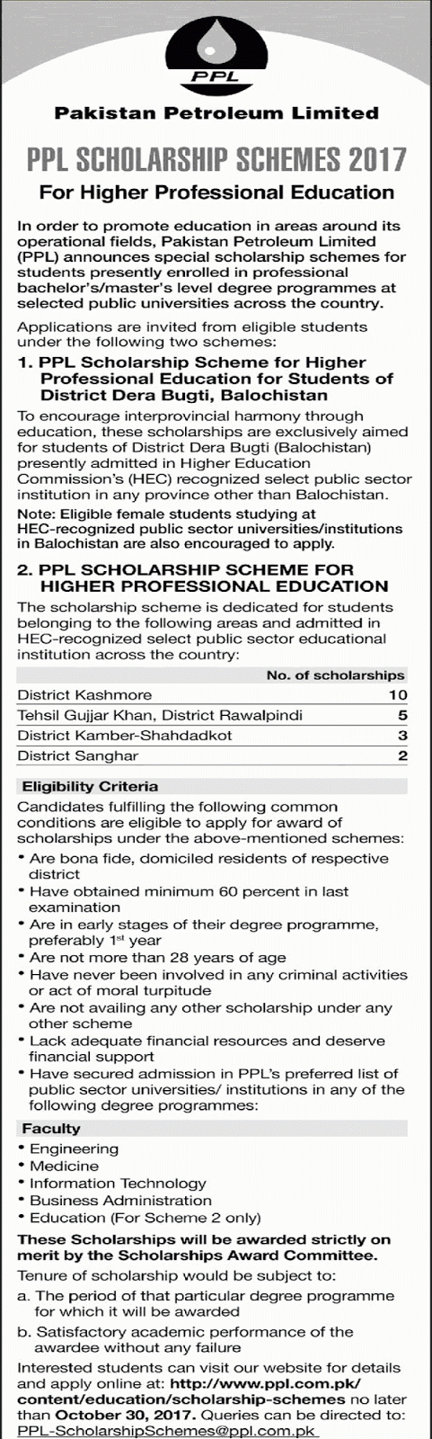 Pakistan Petroleum Scholarships for Higher Education 2017