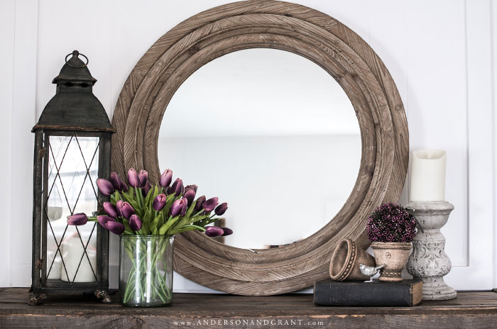 Spring decorated mantel with wood mirror