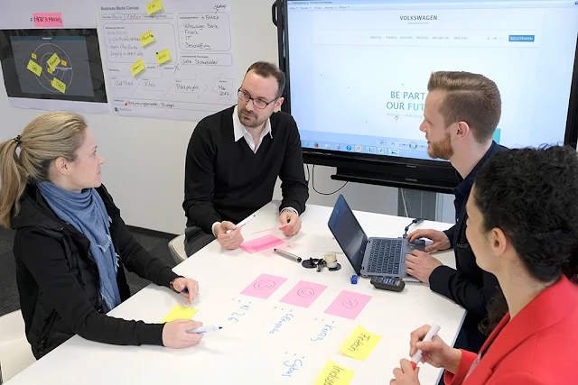 Image Attribute: Ideation Hub of Volkswagen Group IT: Intensive focus on a startup business idea – (from left) Dr. Jennifer Sarah Geffers, Head of Ideation Hub, with fellow colleagues Felix Scharf, Tim Weschpatat and Elena Mortellaro / DB2017AL00295 / Source: Volkswagen AG