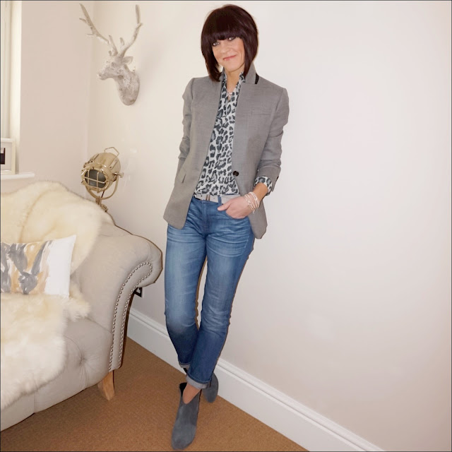 My Midlife Fashion, J Crew regent blazer, j crew boyfriend jeans, hush thornton ankle boots, leopard print blouse by somerset alice temperley