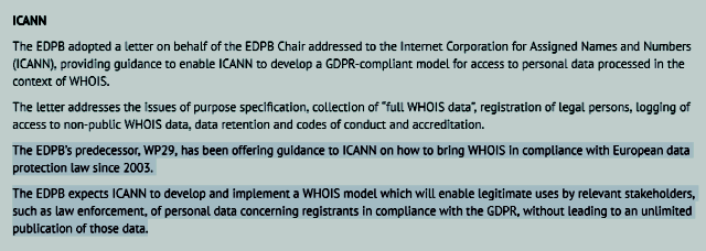  EDPB Second Plenary Meeting July 5, 2018 re: ICANN