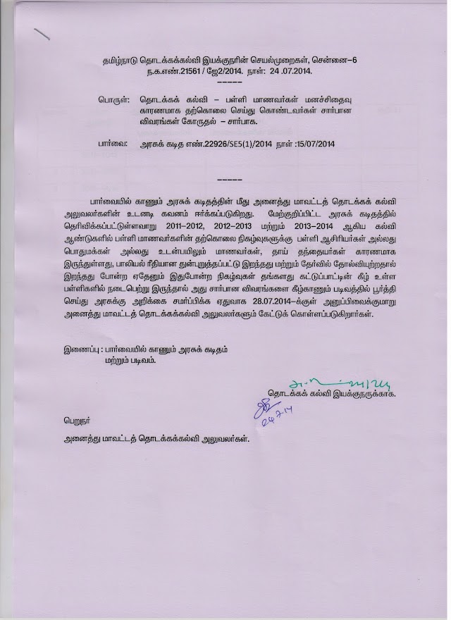 தொடக்கக் கல்வியில் பயிலும் மாணவர்கள் மனச்சிதைவு காரணமாக தற்கொலை செய்து கொண்ட மாணவர்களின் விவரம் கோருதல் சார்பு