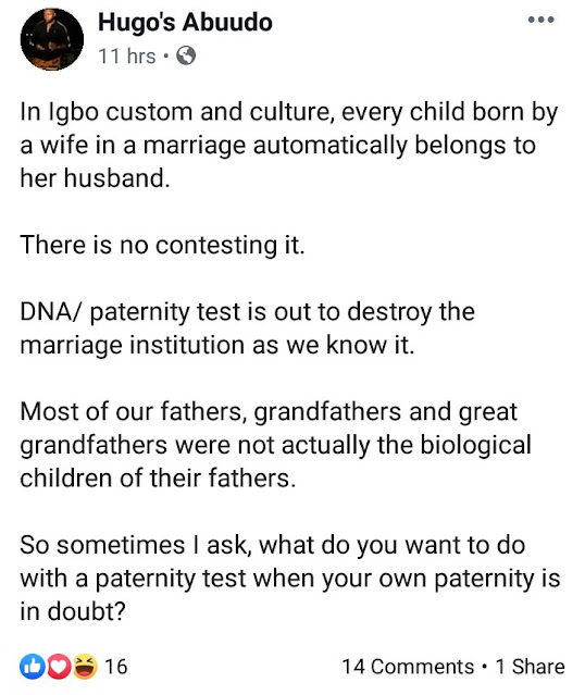 DNA test: Man says every child born by a wife in Igbo culture automatically belongs to the husband