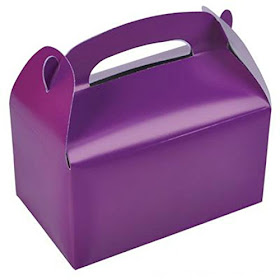 Sofia the First party craft-decorate a purple goody box.