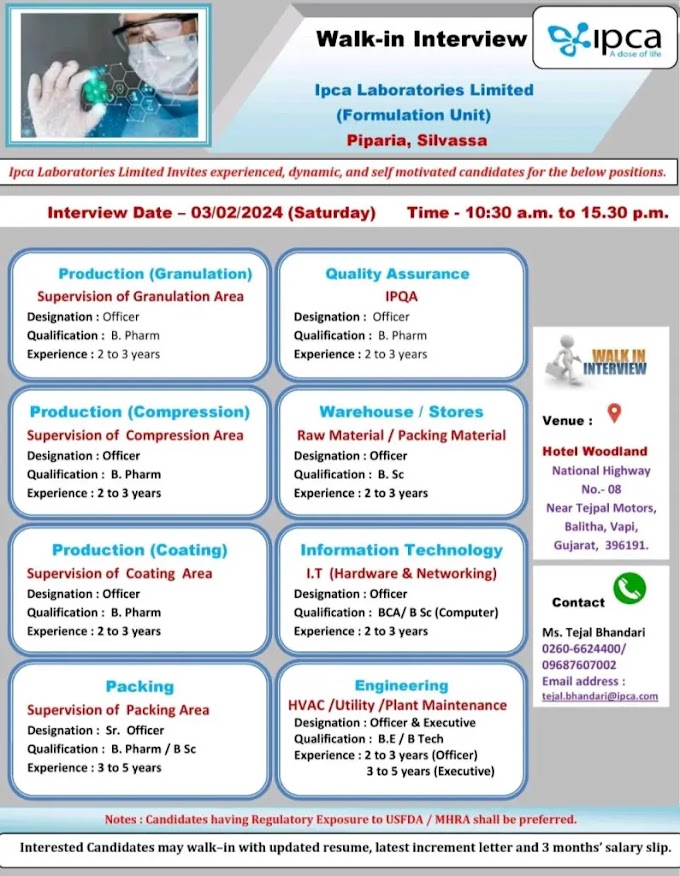 Ipca Laboratories LTD- Walk-in drive for Multiple Department QA, Engineering, IT, Warehouse / Stores, Production & Packing on 03/02/2024.