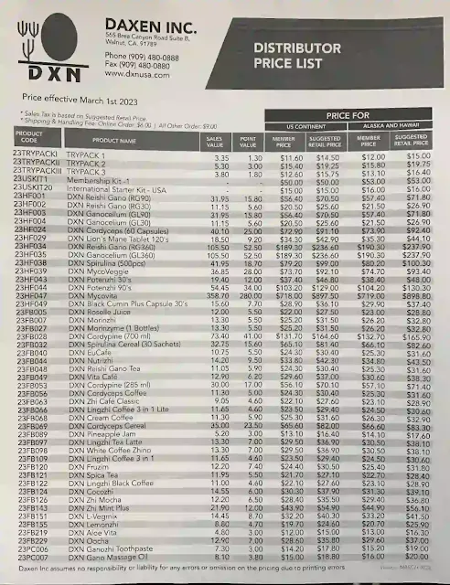 قائمة أسعار منتجات Dxn في الولايات المتحدة الأمريكية