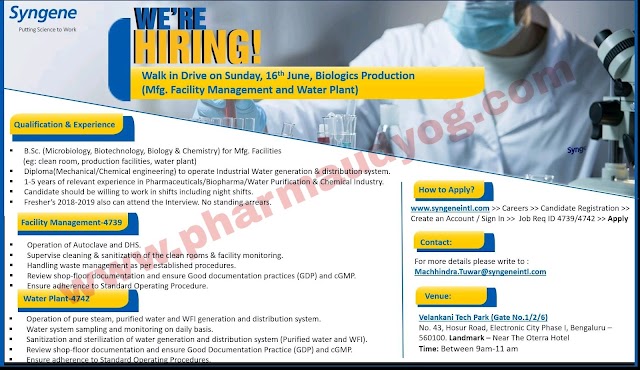 Syngene | Walk-in interview for Production- Biologics | 16 June 2019 | Bangalore