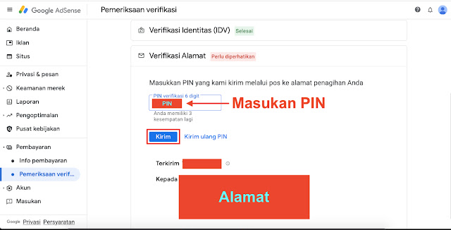 Cara verifikasi pin google adsense, cara verifikasi alamat pada akun google adsense, cara memasukan PIN adsense, cara kirim PIN adsense setelah datang ke rumah