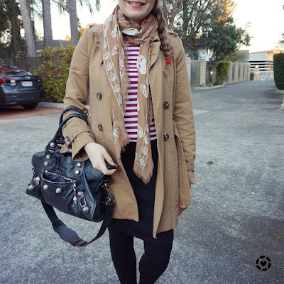 awayfromblue instagram burgundy stripe tee pencil skirt camel trench coat business casual office outfit winter