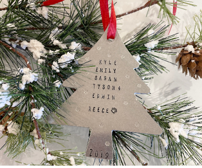 hand-stamped christmas tree holiday ornament with family names