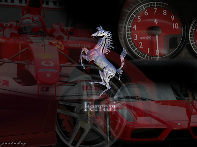 ferrari logo: silver ferrari horse with car and speedometer