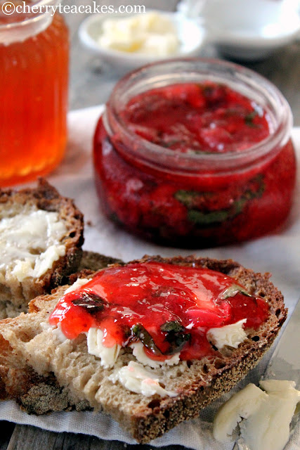 strawberry basil freezer jam recipe from cherryteacakes.com