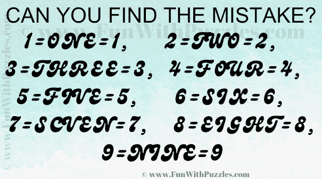 CAN YOU FIND THE MISTAKE? 1=ONE=1, 2=TWO=2, 3=THREE=3, 4=FOUR=4, 5=FIVE=5, 6=SIX=6, 7=SCVEN=7, 8=EIGHT=8, 9=NINE=9