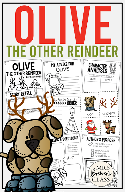 Olive the Other Reindeer book activities unit with literacy printables, reading companion activities, lesson ideas, and a craft for Kindergarten and First Grade