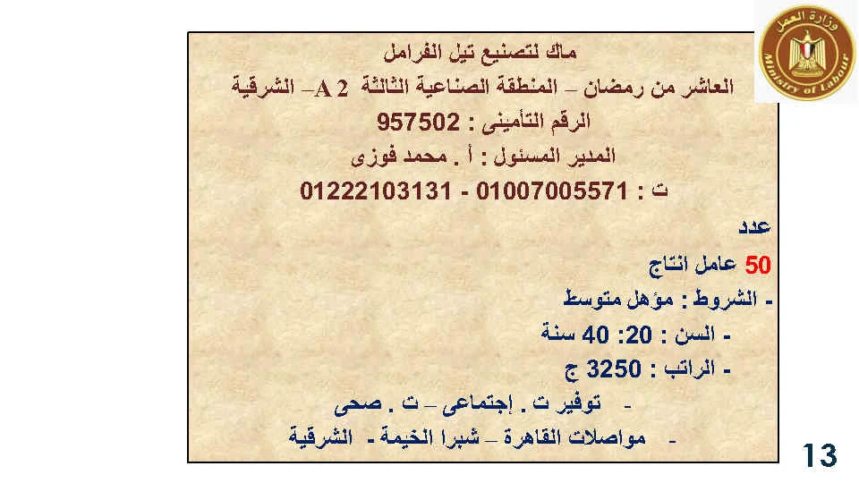 وزارة القوى العاملة تعلن عن 4120 فرصة عمل جديدة في 38 شركة خاصة في 11محافظة لمختلف التخصصات