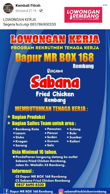 28 Lowongan Kerja Pegawai Produksi dan Sales Sabana Fried Chicken Rembang Tanpa Syarat Apapun
