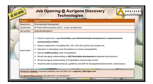 Aurigene | Opening for Pharmaceuticals development | Send CV
