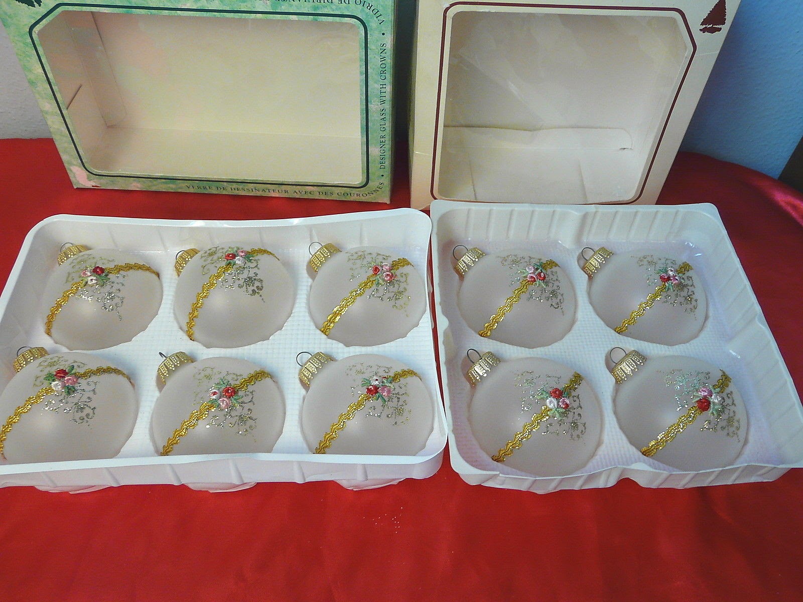 Vintage 1980's Glittered Ribbon Frosted Glass Ornaments Christmas by Krebs