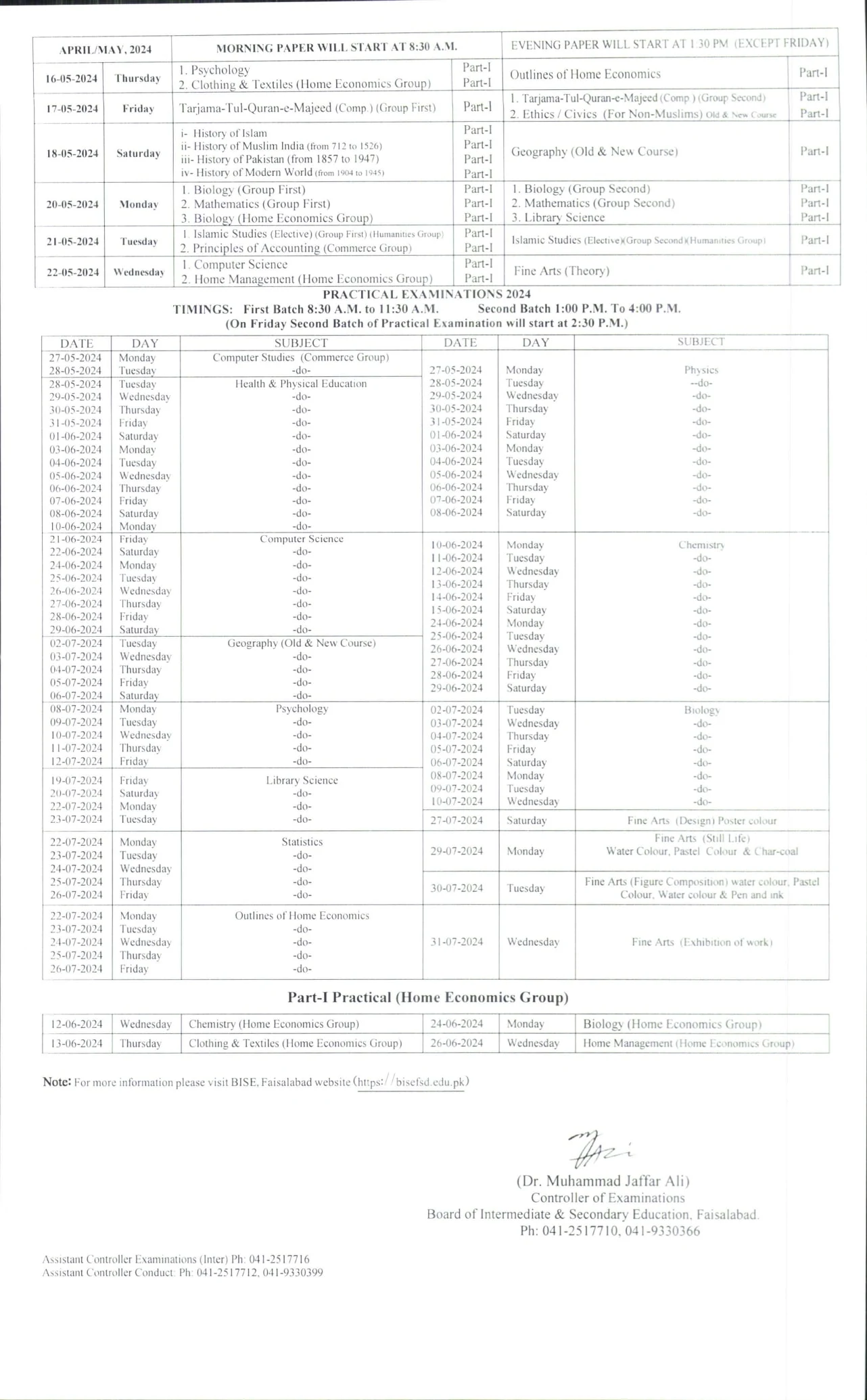 BISE Faisalabad Inter Date Sheet 2024 1st Annual