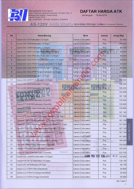 daftar harga ATK 2016 Produk kalkulator merk Canon