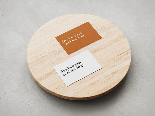 Free Business Cards Mockup On Wooden Circle