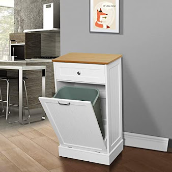 Wooden Tilt Out Trash Cabinet Free Standing Kitchen Trash Can Holder or Recycling Cabinet with Hideaway Drawer, Removable Cutting Board (White)
