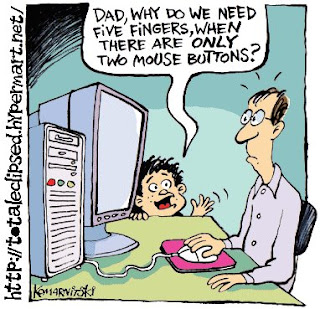 Funkyxone Funny Cartoons: Too much into Technology - A small doubt to a kid why we five fingers when there are only two buttons on mouse