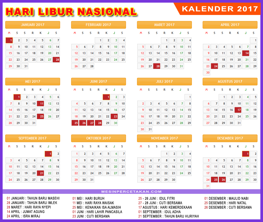 Kalender 2017 Lengkap Hari Libur Nasional Dan Cuti Bersama