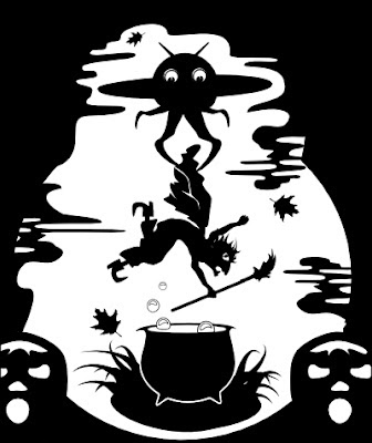 UFO alien vs witch being dropped in a cauldron by Robert Aaron Wiley for Halloween lantern #4 by Bindlegrim