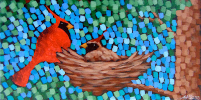 Cardinals in Spring painting by artist painter aaron kloss, cardinal nest painting, spring song bird painting, pointillism, duluth mn art, duluth mn painter