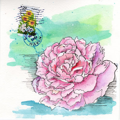 hand painted water color and collaged wedding card with pink peony, by Bronwyn Simons