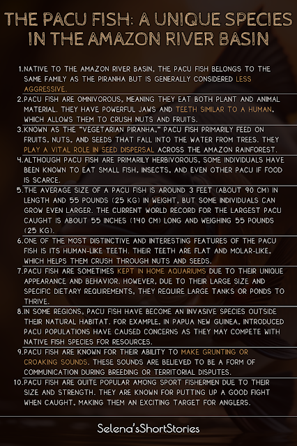 1. Native to the Amazon River basin, the Pacu fish belongs to the same family as the Piranha but is generally considered less aggressive.  2. Pacu fish are omnivorous, meaning they eat both plant and animal material. They have powerful jaws and teeth similar to a human, which allows them to crush nuts and fruits.  3. Known as the "vegetarian piranha," Pacu fish primarily feed on fruits, nuts, and seeds that fall into the water from trees. They play a vital role in seed dispersal across the Amazon rainforest.  4. Although Pacu fish are primarily herbivorous, some individuals have been known to eat small fish, insects, and even other Pacu if food is scarce.  5. The average size of a Pacu fish is around 3 feet (about 90 cm) in length and 55 pounds (25 kg) in weight, but some individuals can grow even larger. The current world record for the largest Pacu caught is about 55 inches (140 cm) long and weighing 55 pounds (25 kg).  6. One of the most distinctive and interesting features of the Pacu fish is its human-like teeth. Their teeth are flat and molar-like, which helps them crush through nuts and seeds.  7. Pacu fish are sometimes kept in home aquariums due to their unique appearance and behavior. However, due to their large size and specific dietary requirements, they require large tanks or ponds to thrive.  8. In some regions, Pacu fish have become an invasive species outside their natural habitat. For example, in Papua New Guinea, introduced Pacu populations have caused concerns as they may compete with native fish species for resources.  9. Pacu fish are known for their ability to make grunting or croaking sounds. These sounds are believed to be a form of communication during breeding or territorial disputes.  10. Pacu fish are quite popular among sport fishermen due to their size and strength. They are known for putting up a good fight when caught, making them an exciting target for anglers.